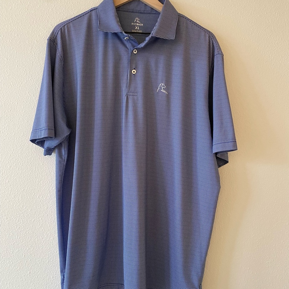 Small gingham, check blue and white men’s golf shirt